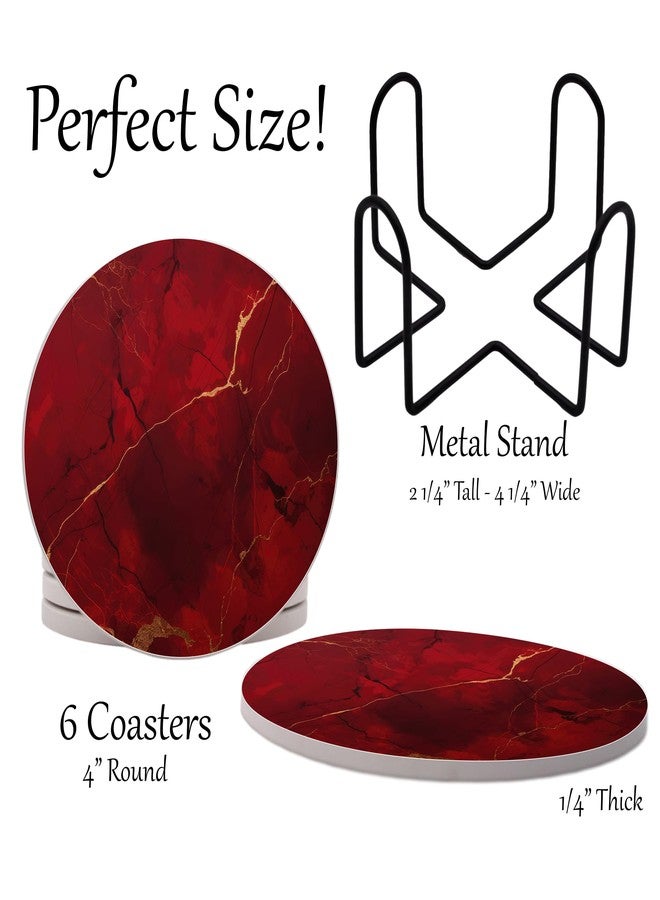 DAJDC Dark Red Agate Marble Round Coasters Set of 6 - Abosrbent Ceramic Coasters with Metal Stand for Drinks, Coffee, Non-Slip Cork Back for Tabletop Protection, 4 Inches Marbled Pattern (Dark Marble) - Image 2